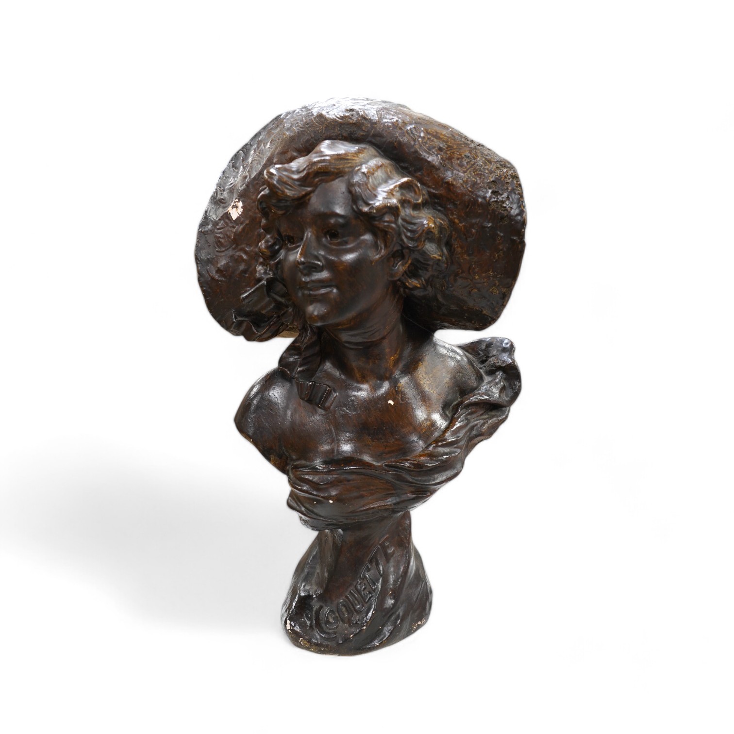 A 20th century French bronzed plaster bust of a lady ‘Coquette’, 52cm. Condition - fair, some losses to bronzing